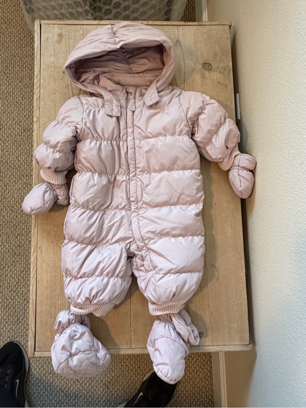 Baby Pink Puffer One-Piece Snowsuit with Mittens and Booties
